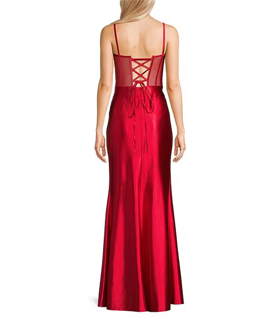 Illusion Lace Lace-Up Back High Slit Evening Dress - Chloe Dress