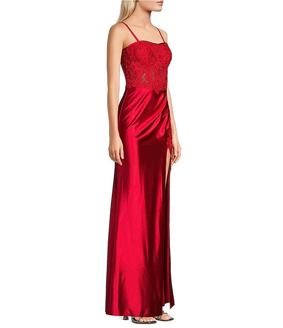 Illusion Lace Lace-Up Back High Slit Evening Dress - Chloe Dress