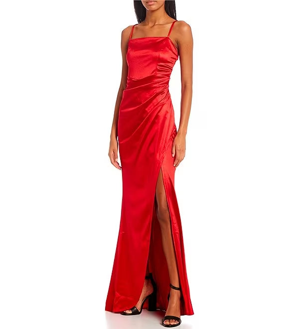 Square Neck Satin High Slit Prom Dress - Chloe Dress