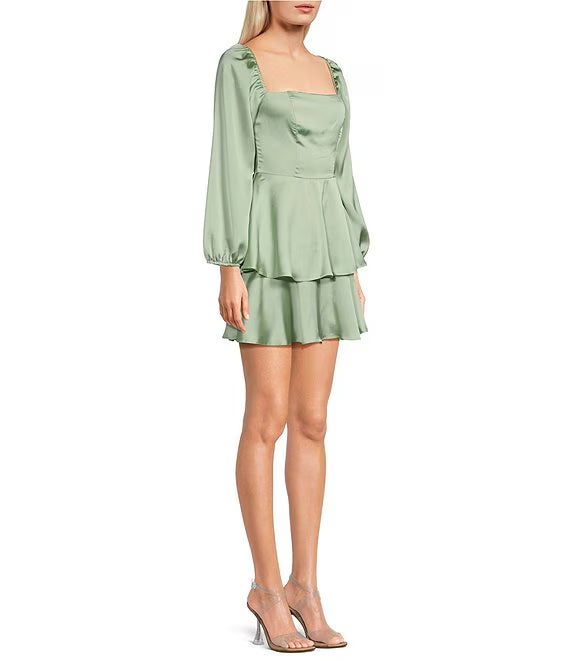 Square Neck Crepe Ruffled Prom Dress - Chloe Dress