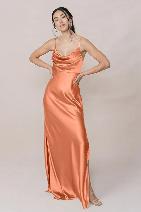 Spaghetti Strap Satin High Slit Wedding Dress - Chloe Dress