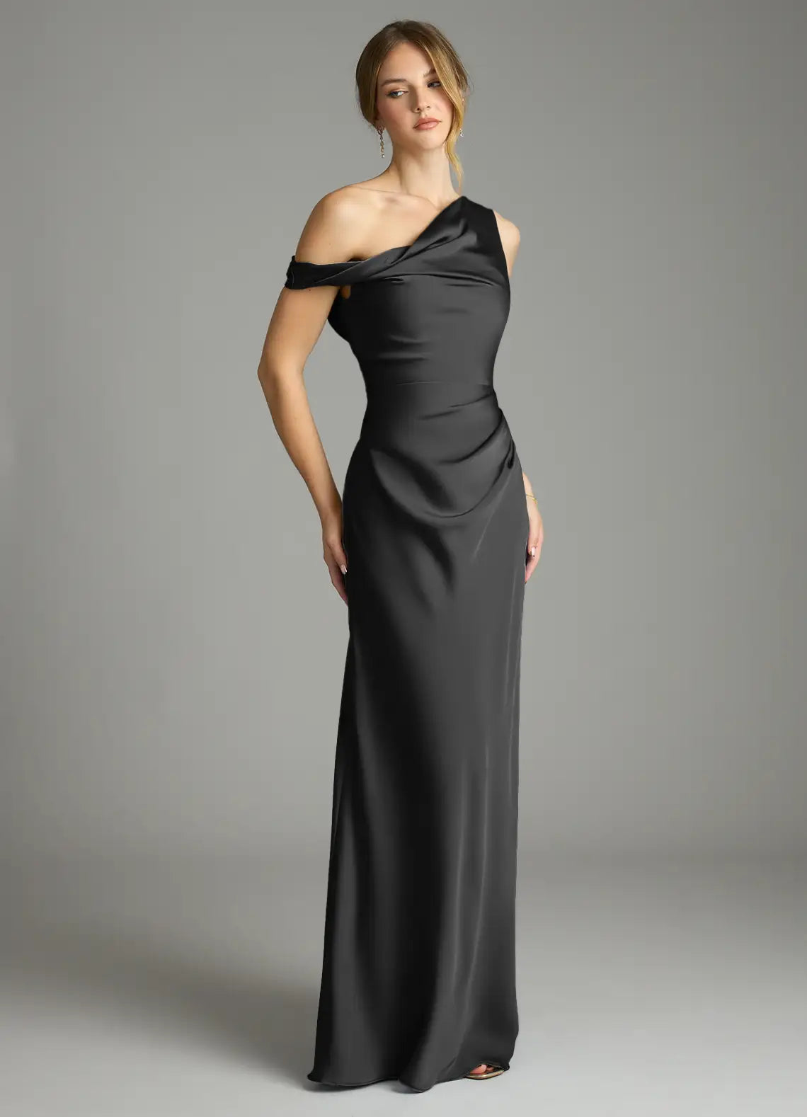 Gray One-Shoulder Satin Wedding Dress - Chloe Dress