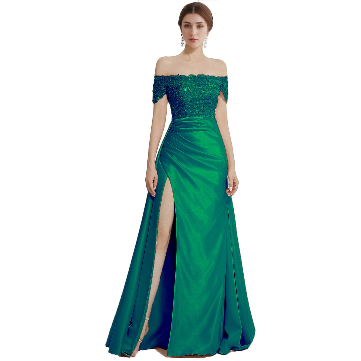 Sheath Off-Shoulder Sequin Short Sleeve High Slit Floor-Length Evening Gown - Chloe Dress