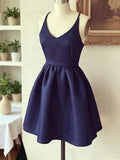 Navy A-Line Spaghetti Strap Satin Mini Homecoming Dress - Chloe Dress