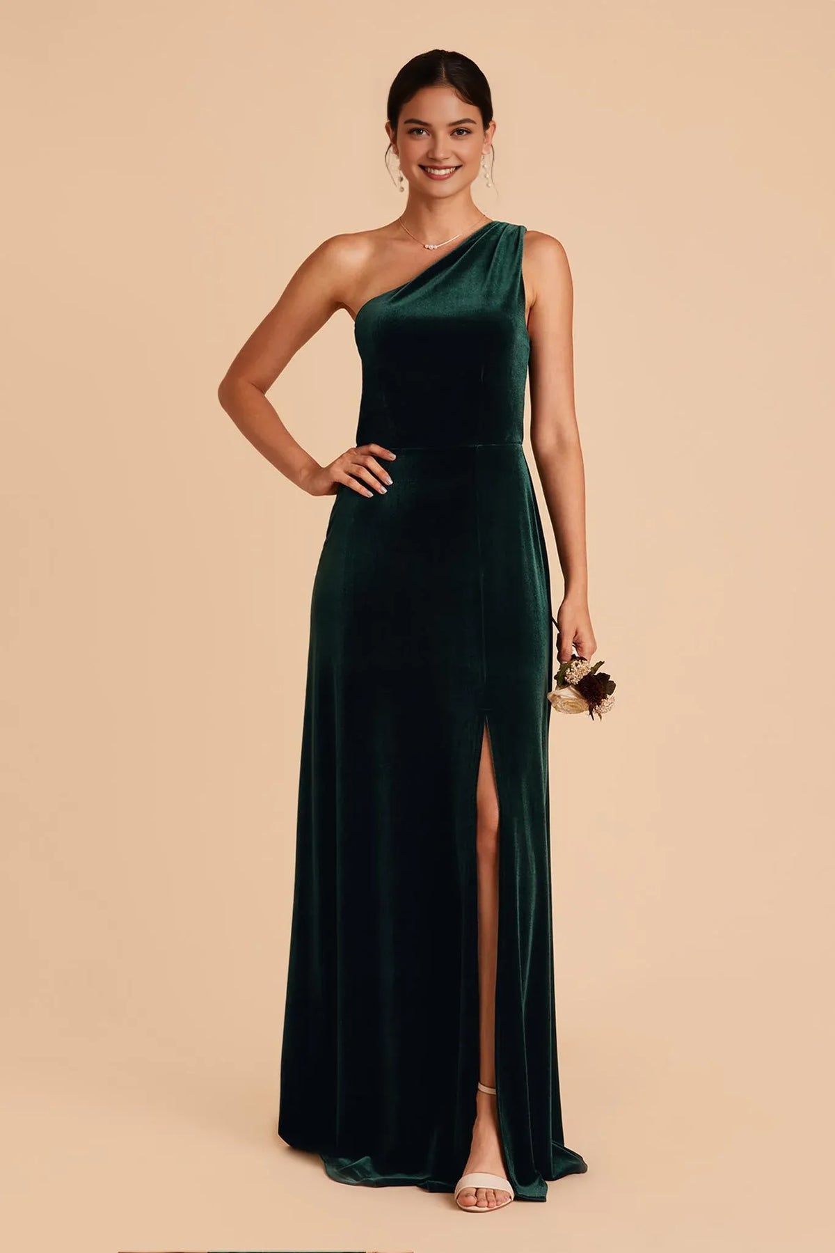 A-Line One-Shoulder Velvet Sleeveless High Slit Floor-Length Wedding Dress - Chloe Dress