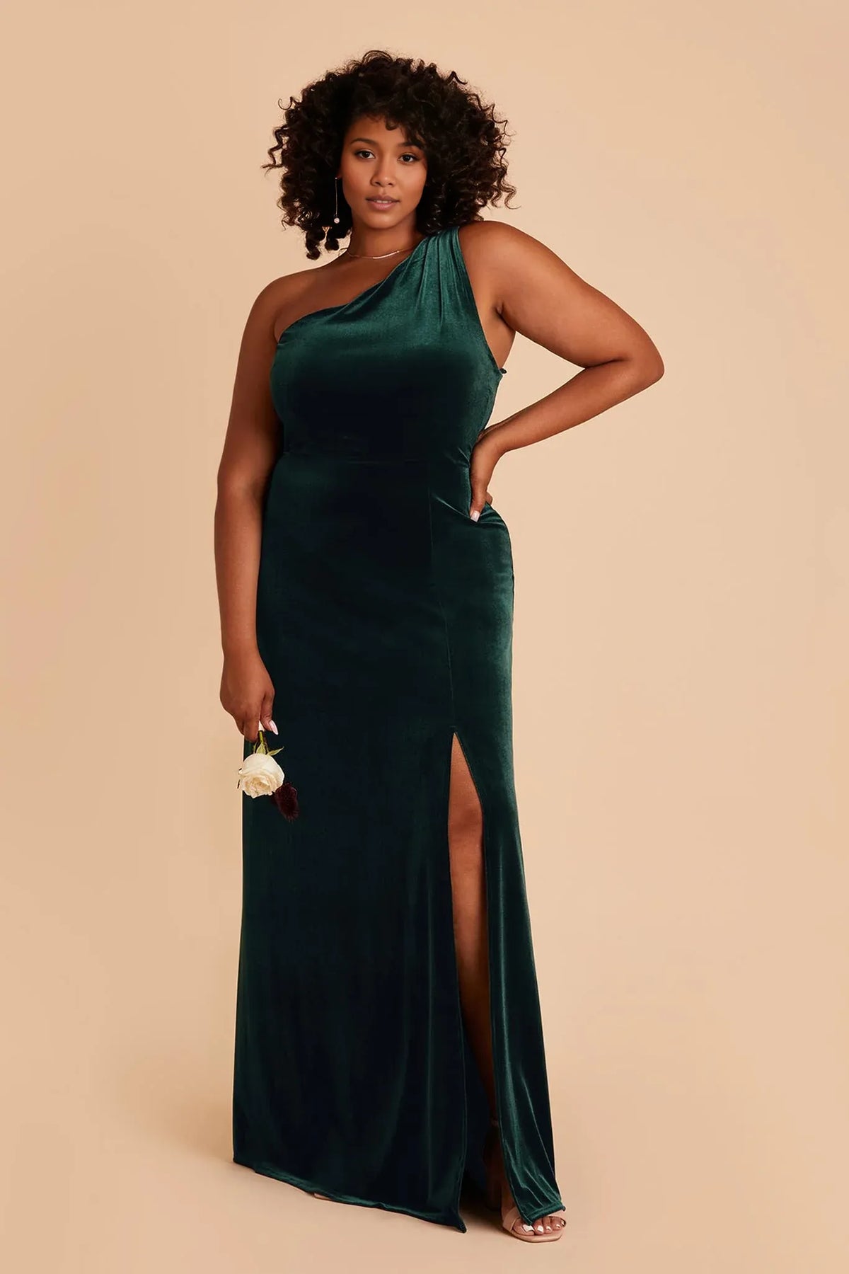 A-Line One-Shoulder Velvet Sleeveless High Slit Floor-Length Wedding Dress - Chloe Dress