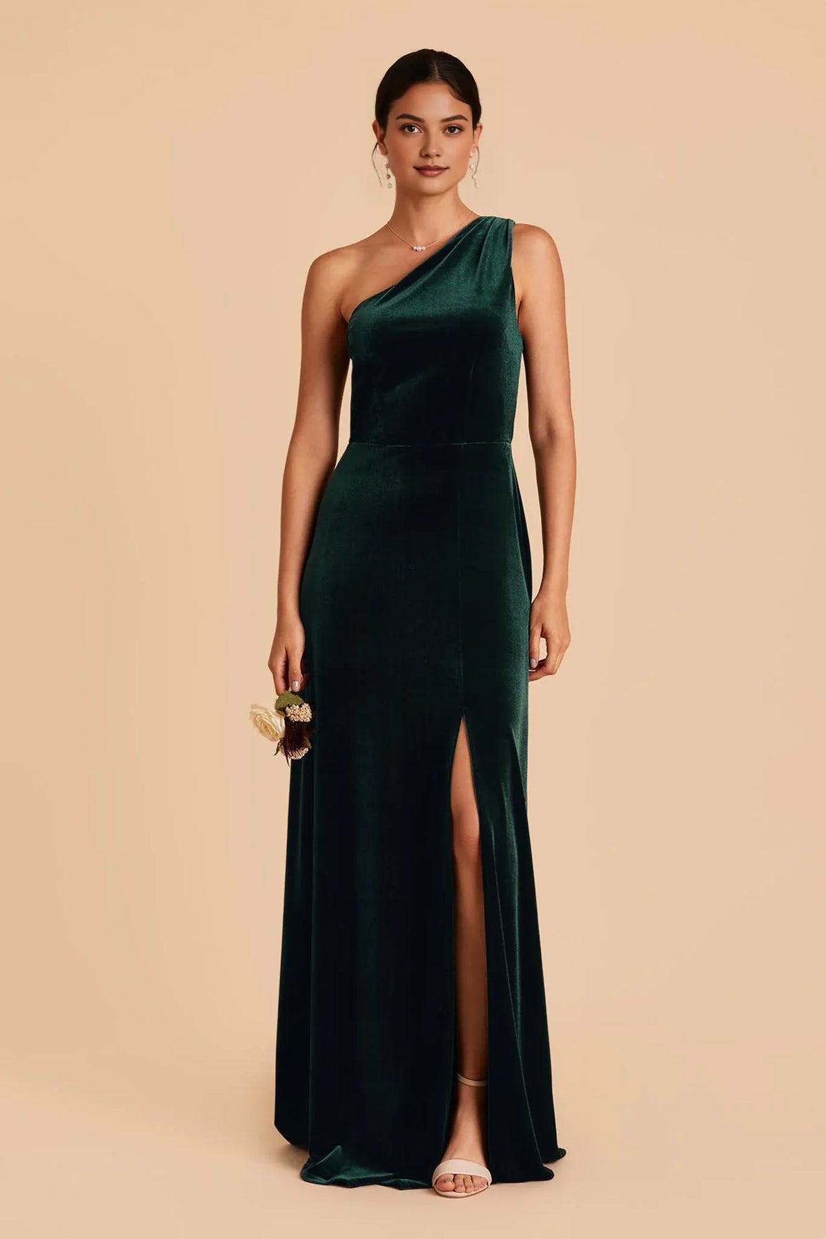 A-Line One-Shoulder Velvet Sleeveless High Slit Floor-Length Wedding Dress - Chloe Dress