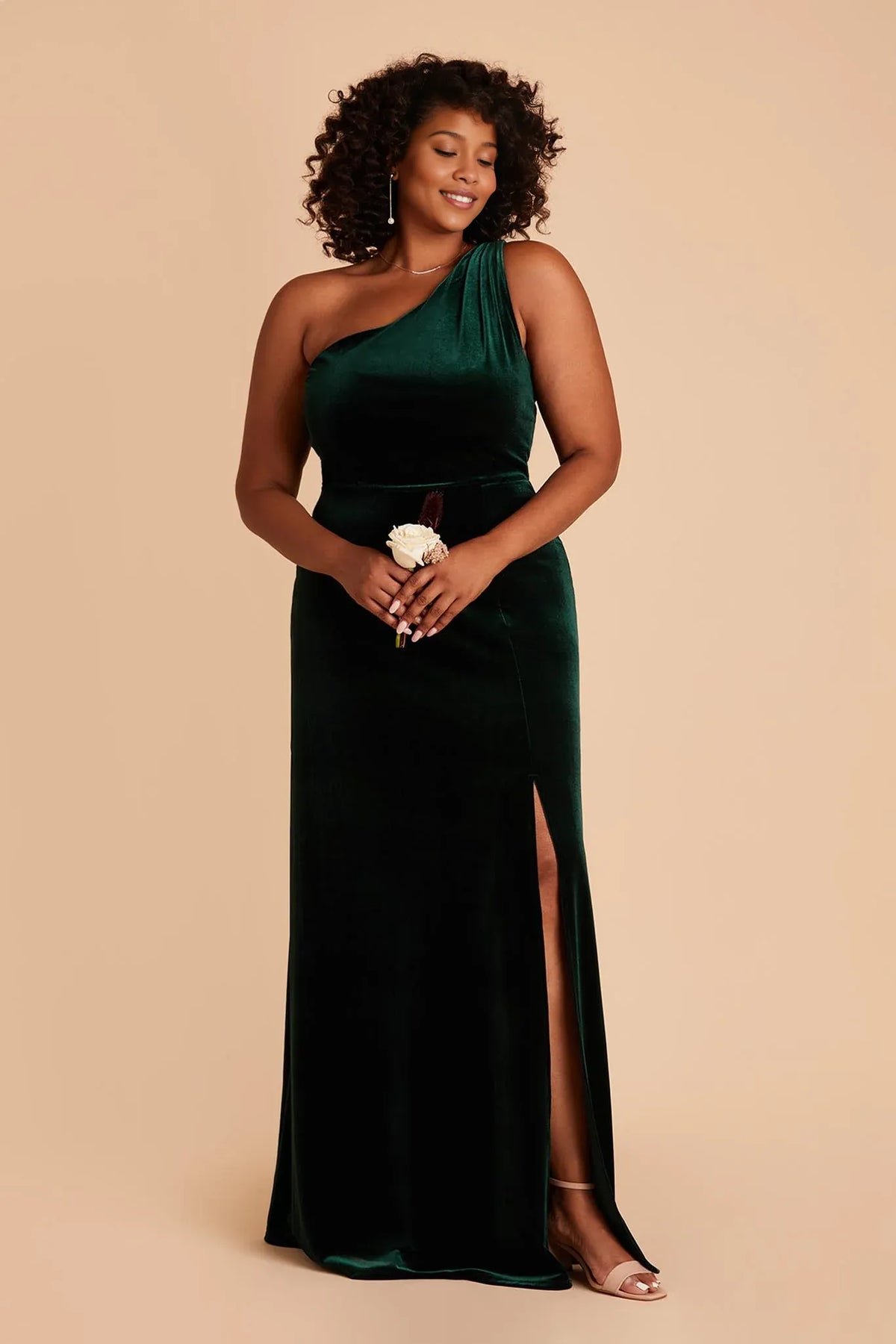 A-Line One-Shoulder Velvet Sleeveless High Slit Floor-Length Wedding Dress - Chloe Dress