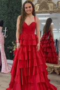 Red Ball Gown Sweetheart Satin Lace-Up Back Ruffled Prom Gown - Chloe Dress