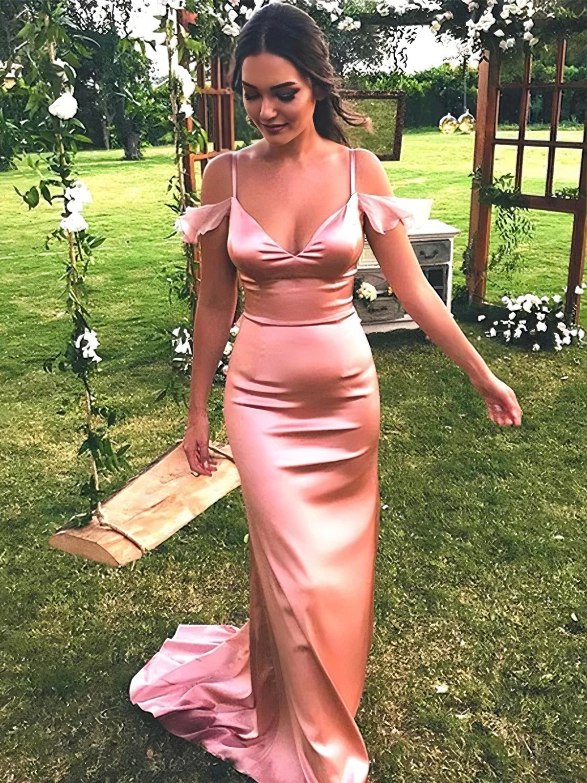Mermaid Spaghetti Strap Satin Cold Shoulder Open Back Ruffled Evening Gown - Chloe Dress