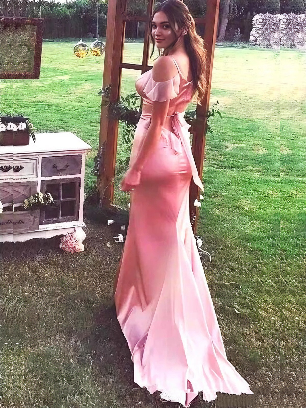 Mermaid Spaghetti Strap Satin Cold Shoulder Open Back Ruffled Evening Gown - Chloe Dress