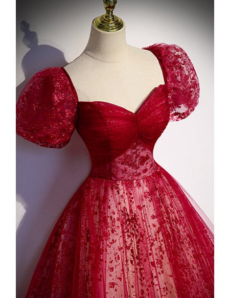 Wine Princess Square Neck Sequin Short Sleeve Backless Floor-Length Evening Dress - Chloe Dress