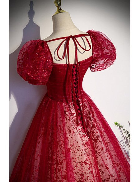Wine Princess Square Neck Sequin Short Sleeve Backless Floor-Length Evening Dress - Chloe Dress