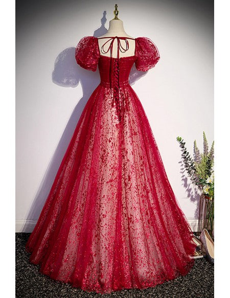 Wine Princess Square Neck Sequin Short Sleeve Backless Floor-Length Evening Dress - Chloe Dress