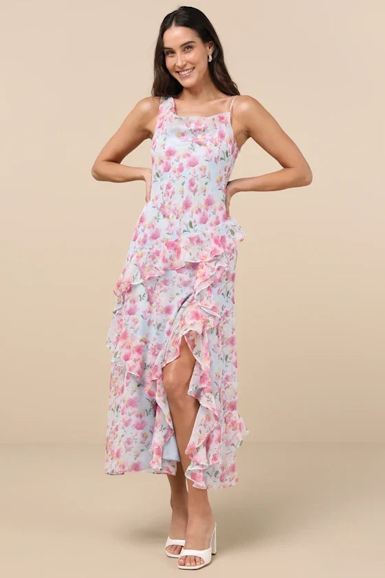 Spaghetti Strap Chiffon Asymmetric Midi Dress - Chloe Dress