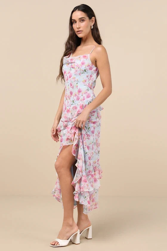 Spaghetti Strap Chiffon Asymmetric Midi Dress - Chloe Dress