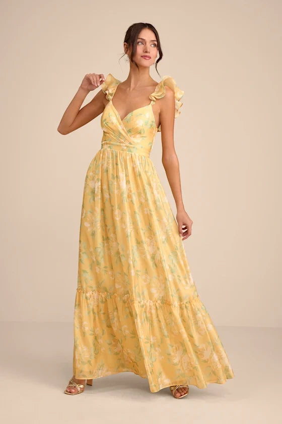 V-Neck Chiffon Ruffled Floor-Length Evening Dress - Chloe Dress