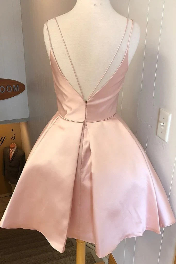 Dusty Pink A-Line Spaghetti Strap Satin Open Back Pleated Mini Homecoming Dress - Chloe Dress