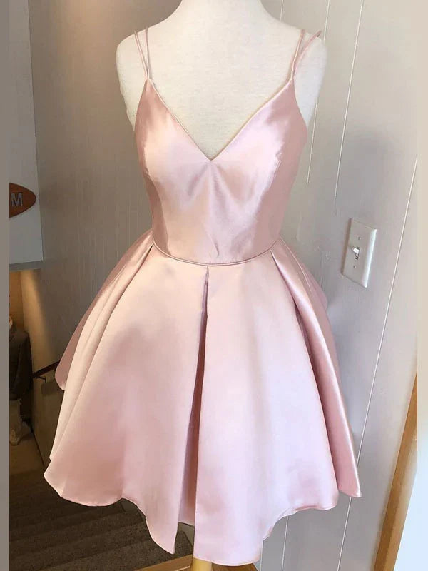 Dusty Pink A-Line Spaghetti Strap Satin Open Back Pleated Mini Homecoming Dress - Chloe Dress