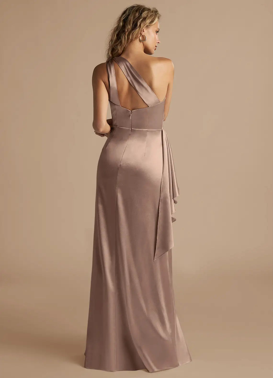 Taupe One-Shoulder Satin High Slit Wedding Dress - Chloe Dress