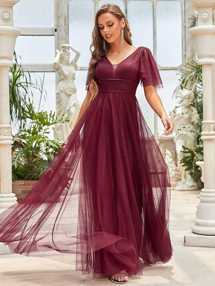 A-Line V-Neck Tulle Floor-Length Evening Dress - Chloe Dress