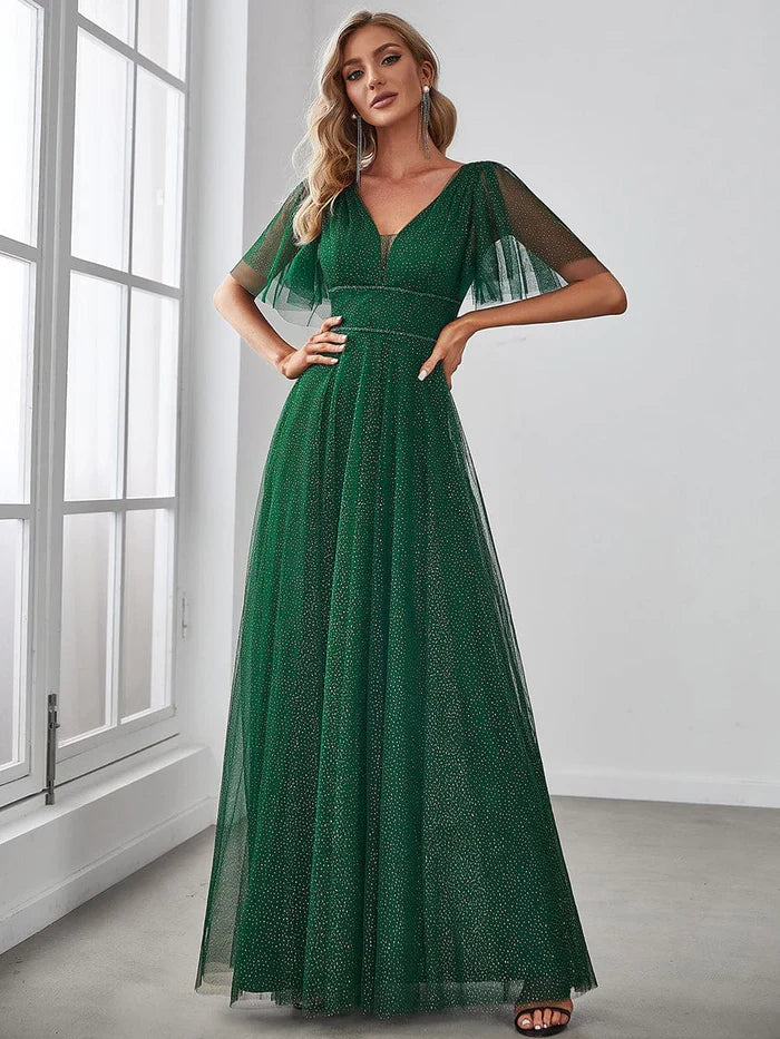 A-Line V-Neck Tulle Floor-Length Evening Dress - Chloe Dress