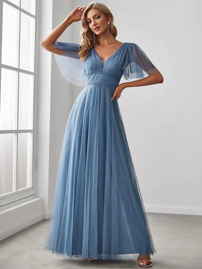 A-Line V-Neck Tulle Floor-Length Evening Dress - Chloe Dress