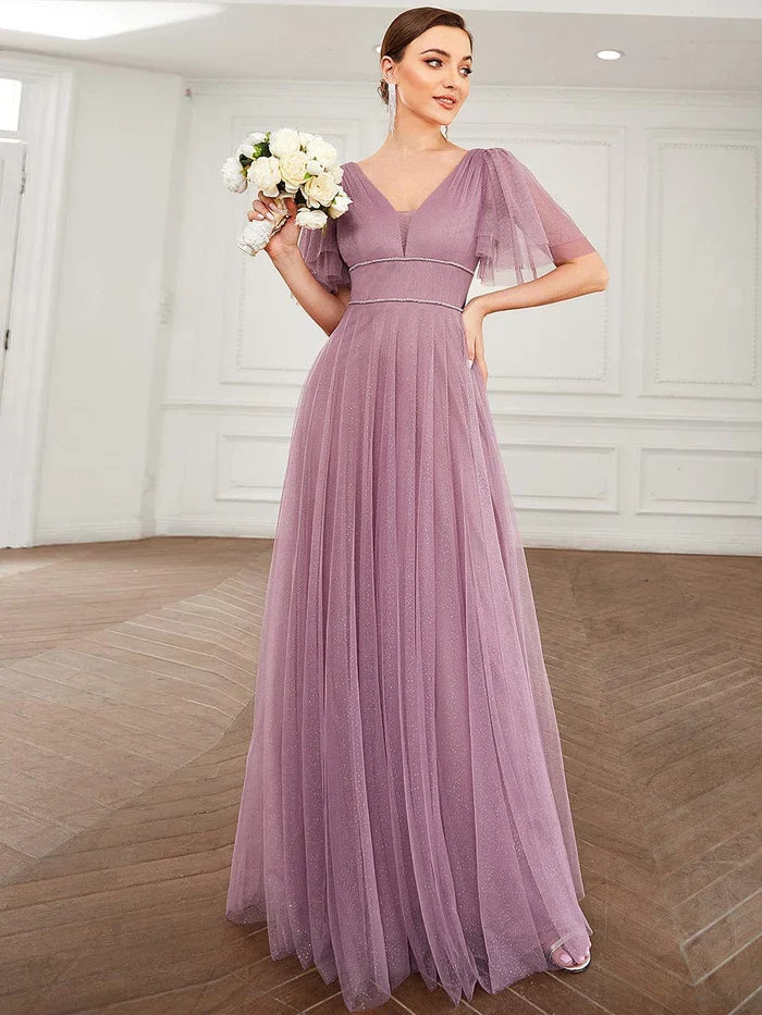 A-Line V-Neck Tulle Floor-Length Evening Dress - Chloe Dress