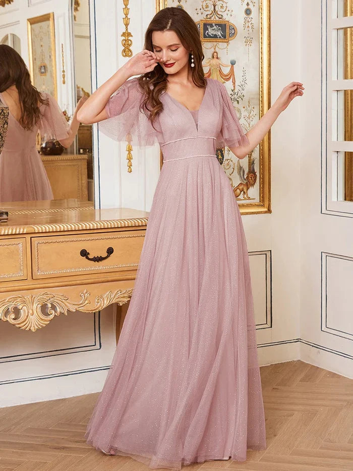 A-Line V-Neck Tulle Floor-Length Evening Dress - Chloe Dress