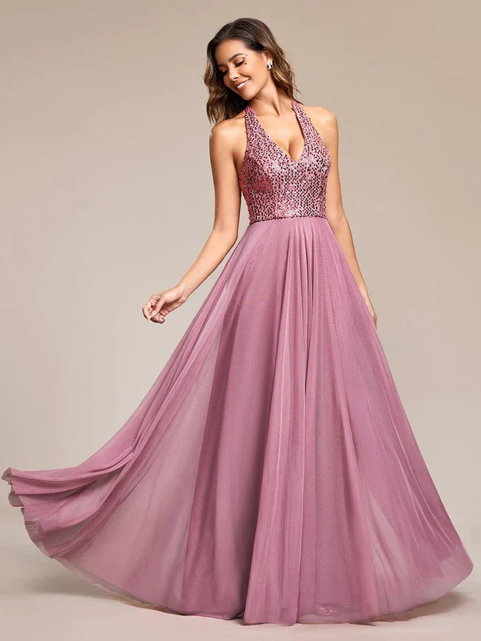 A-Line Halter Tulle Evening Dress - Chloe Dress
