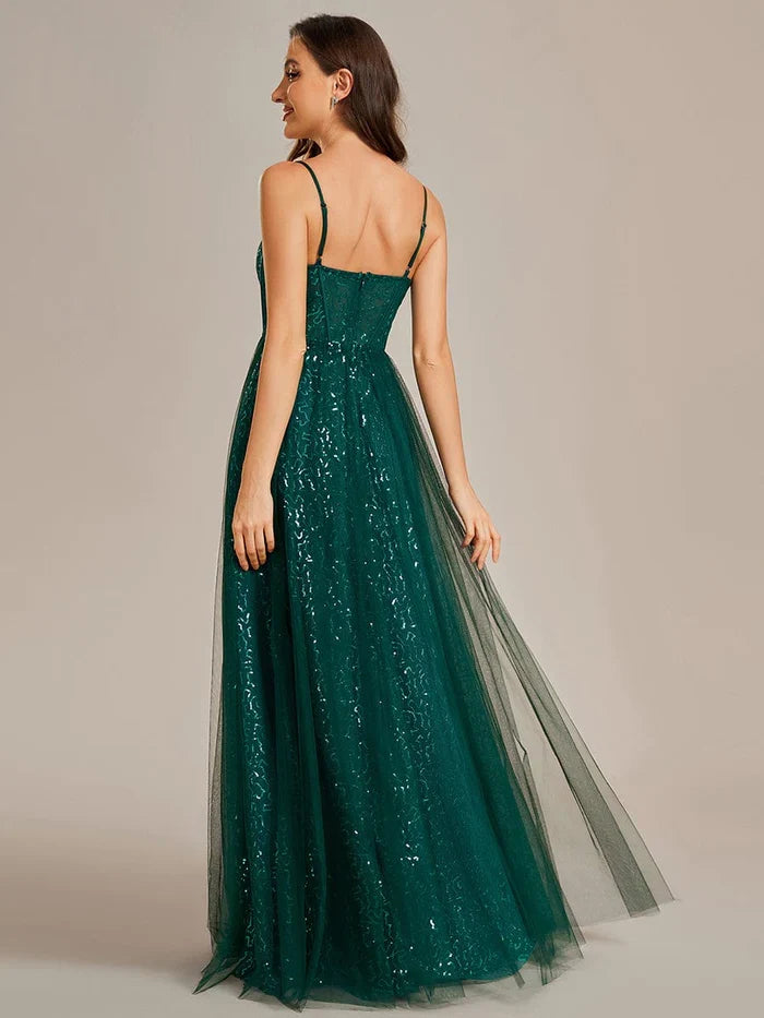 A-Line Spaghetti Strap Sequin Evening Dress - Chloe Dress