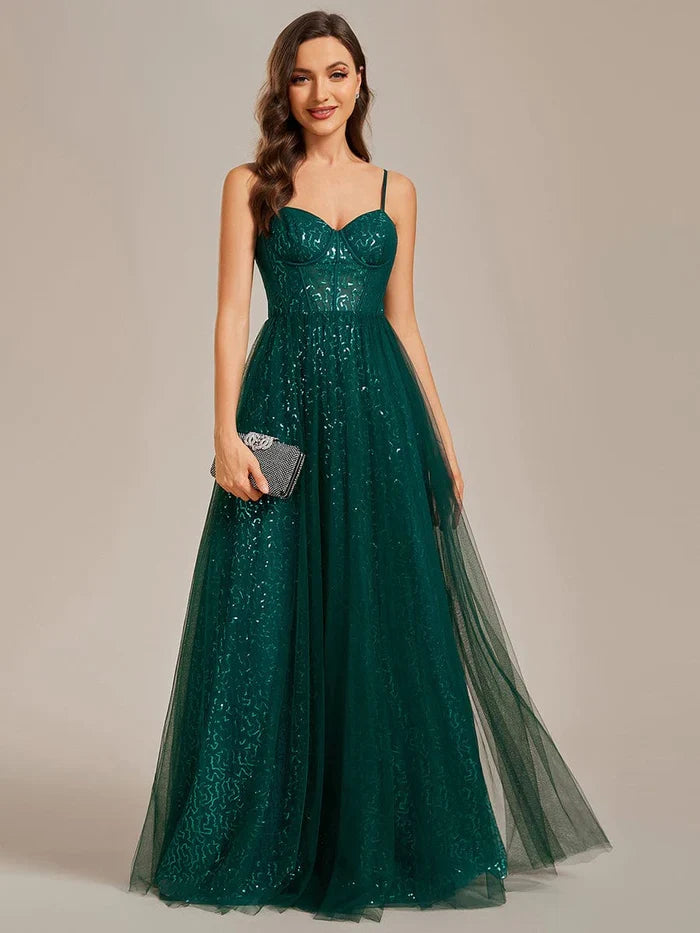 A-Line Spaghetti Strap Sequin Evening Dress - Chloe Dress
