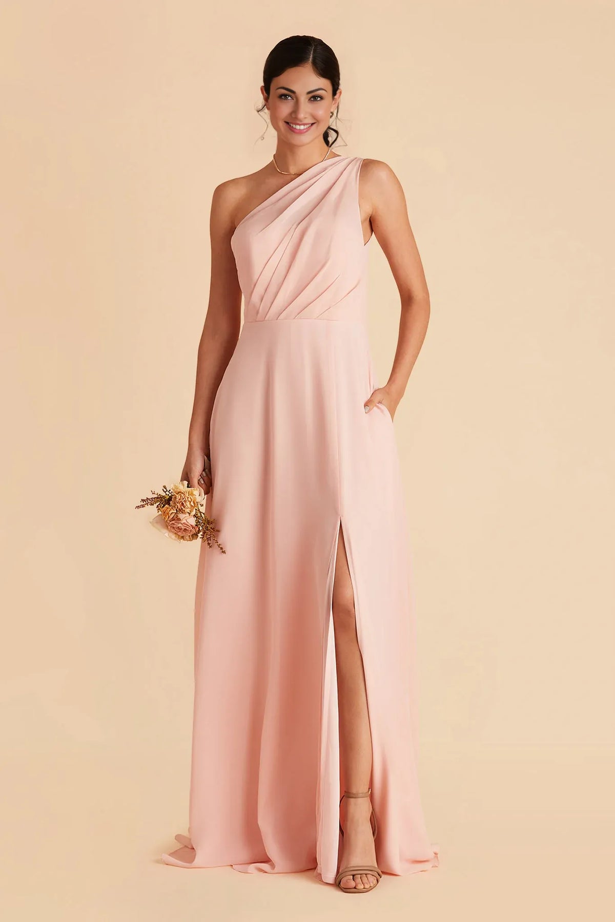 A-Line One-Shoulder Chiffon Sleeveless Open Back Floor-Length Wedding Dress - Chloe Dress