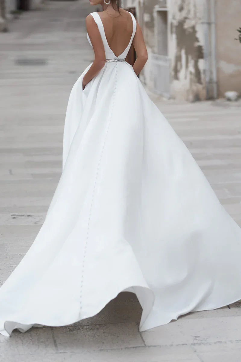 V‑Neck Satin A‑Line Wedding Dress With Pockets & Beaded Sash