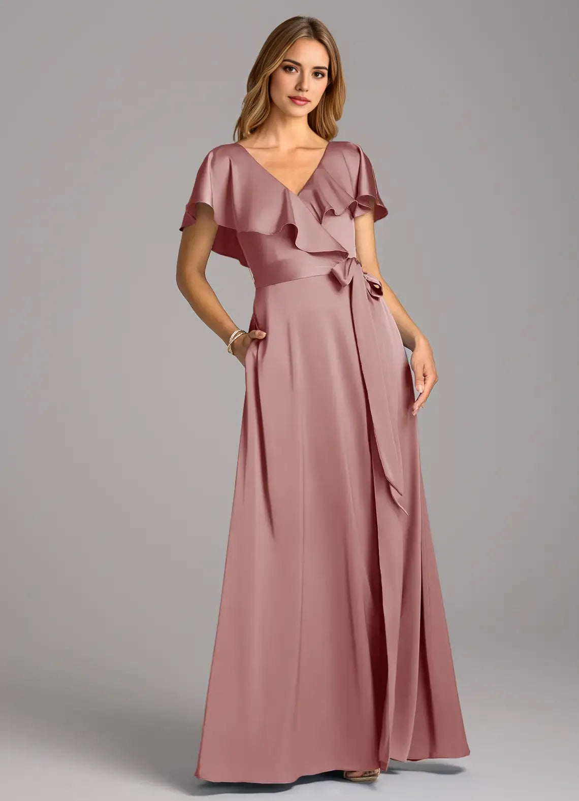 A-Line V-Neck Satin Open Back Floor-Length Wedding Dress - Chloe Dress