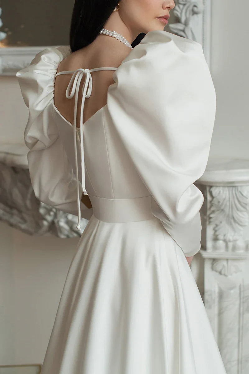 White Puff Long Sleeve Satin A‑Line Belted Wedding Dresses