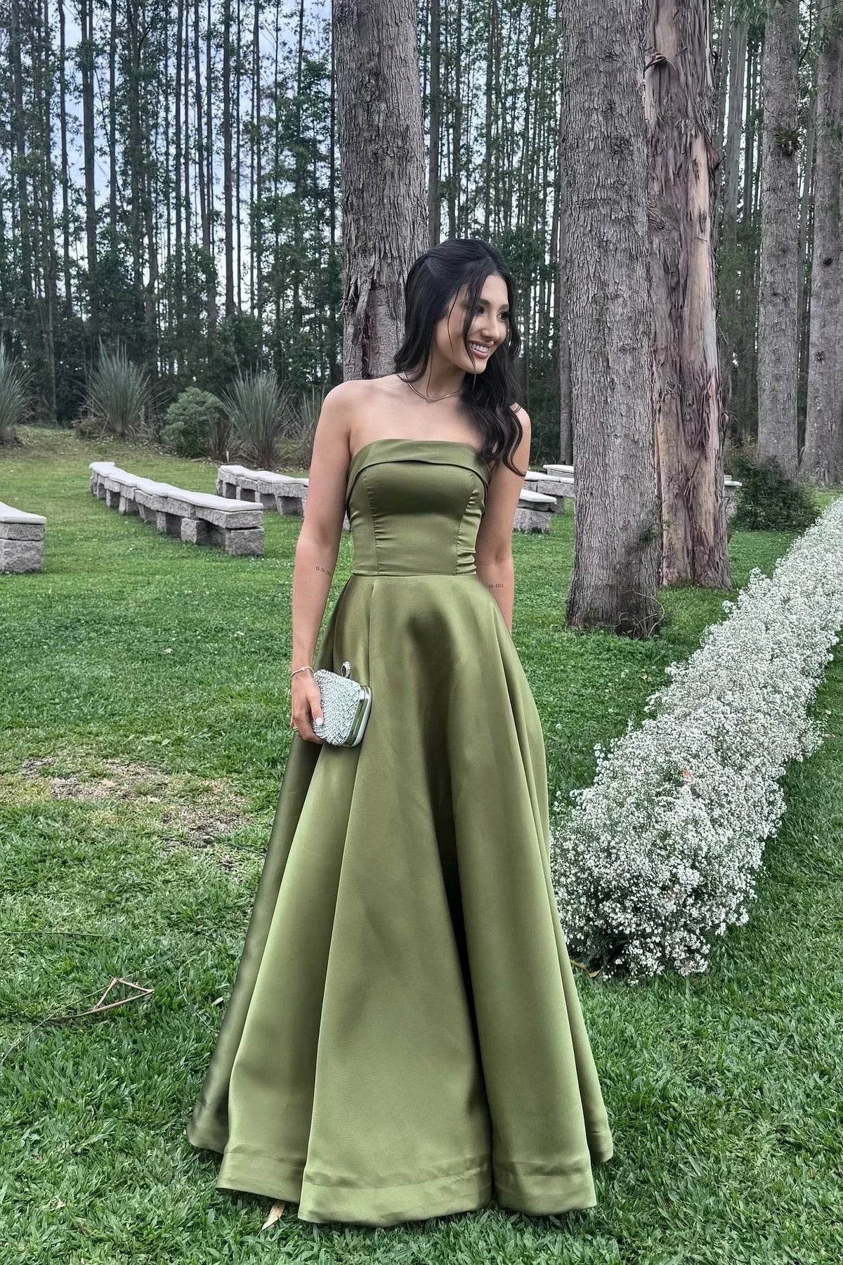 Olive Green Strapless Satin A‑Line Lace‑Up Back Evening Dresses