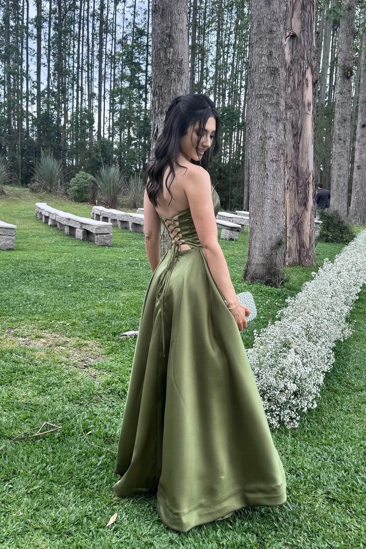 Olive Green Strapless Satin A‑Line Lace‑Up Back Evening Dresses