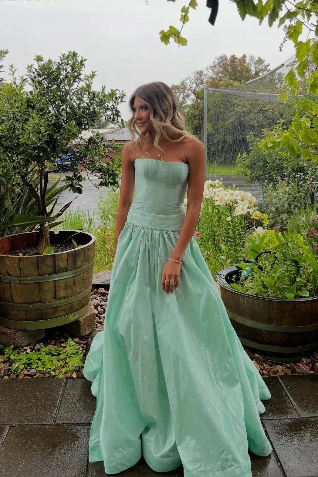 Mint Green Strapless Corset A‑Line Long Evening Dresses