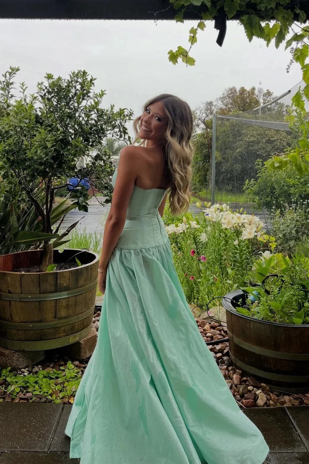 Mint Green Strapless Corset A‑Line Long Evening Dresses