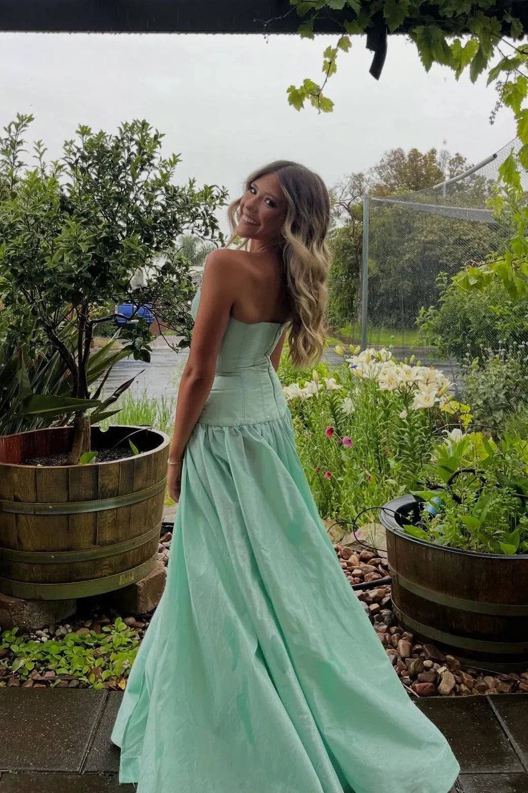 Mint Green Strapless Corset A‑Line Long Evening Dresses