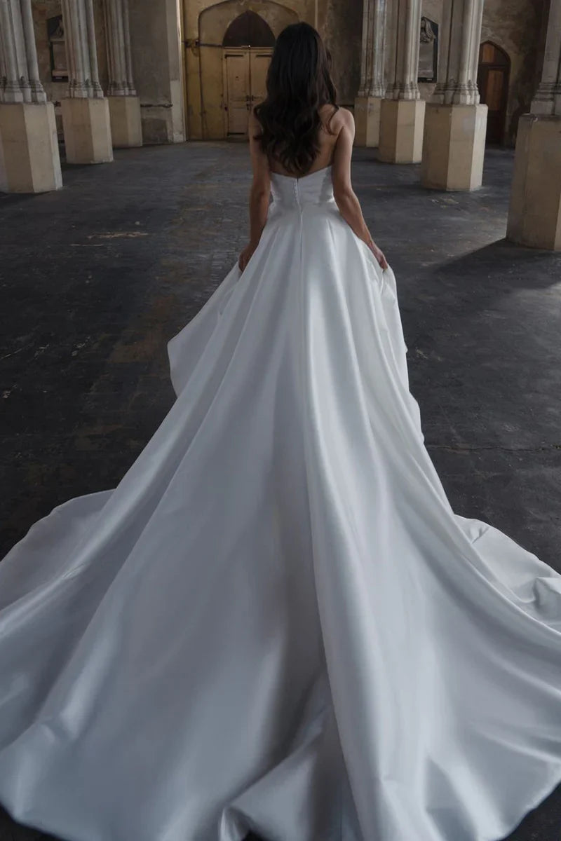 White Strapless Cowl Satin A‑Line Wedding Dress With Pockets