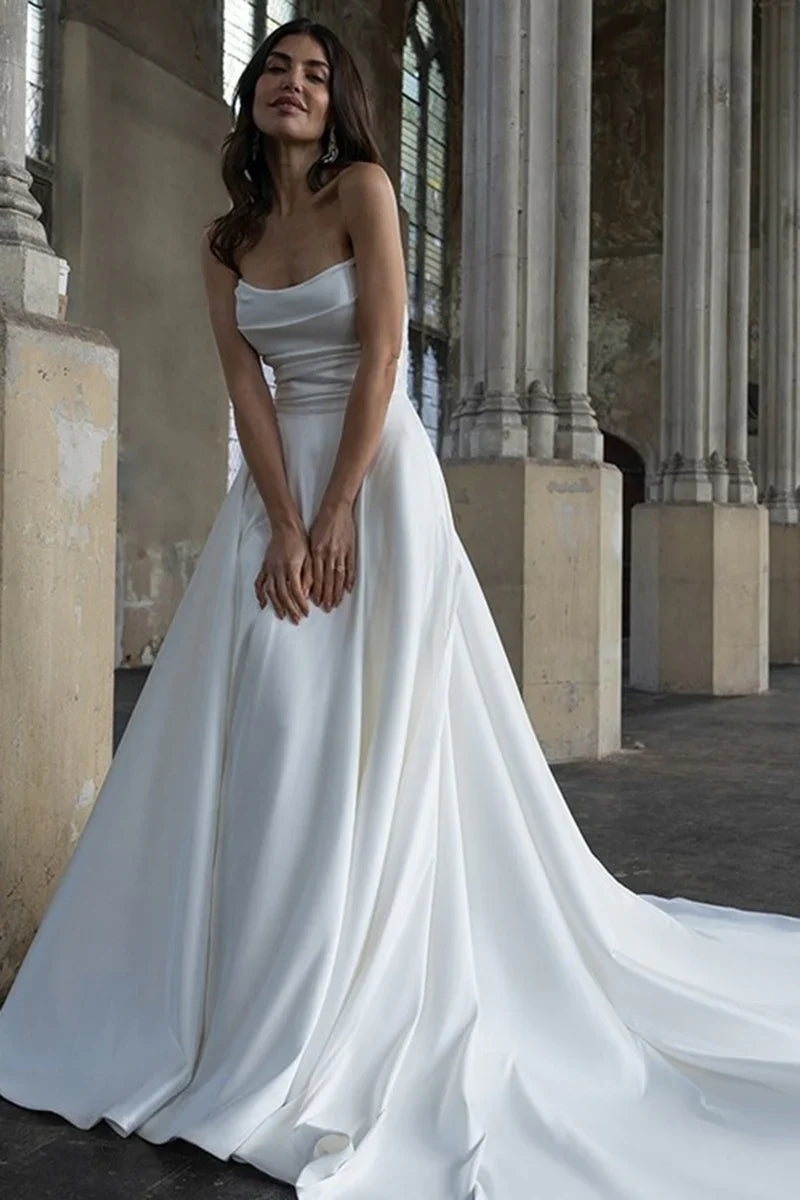 White Strapless Cowl Satin A‑Line Wedding Dress With Pockets