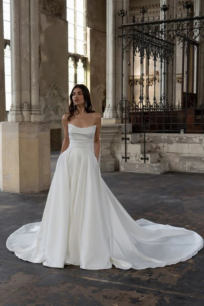 White Strapless Cowl Satin A‑Line Wedding Dress With Pockets