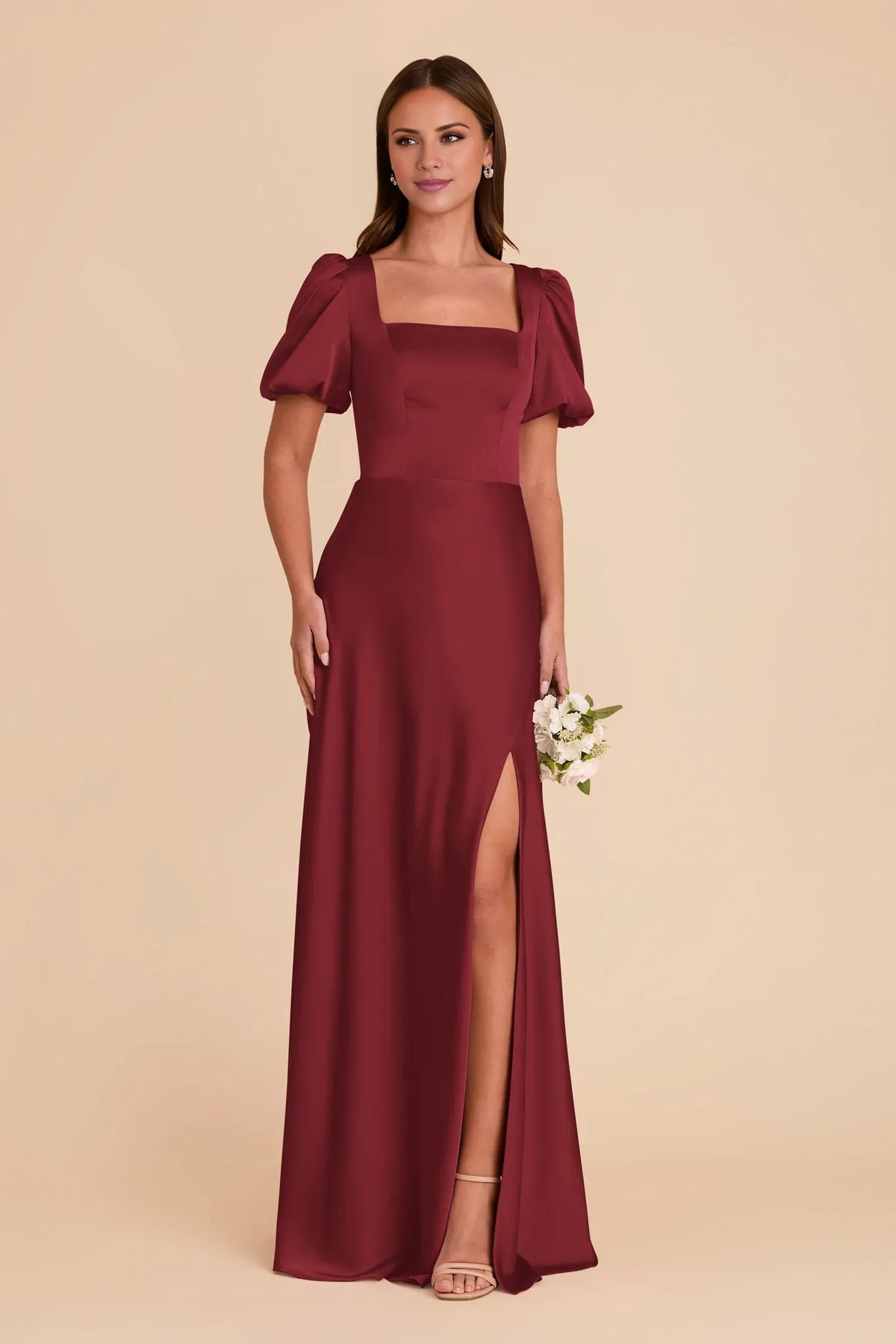 Square Neck Satin Puff Sleeve Zipper Back Floor-Length Wedding Dress - Chloe Dress