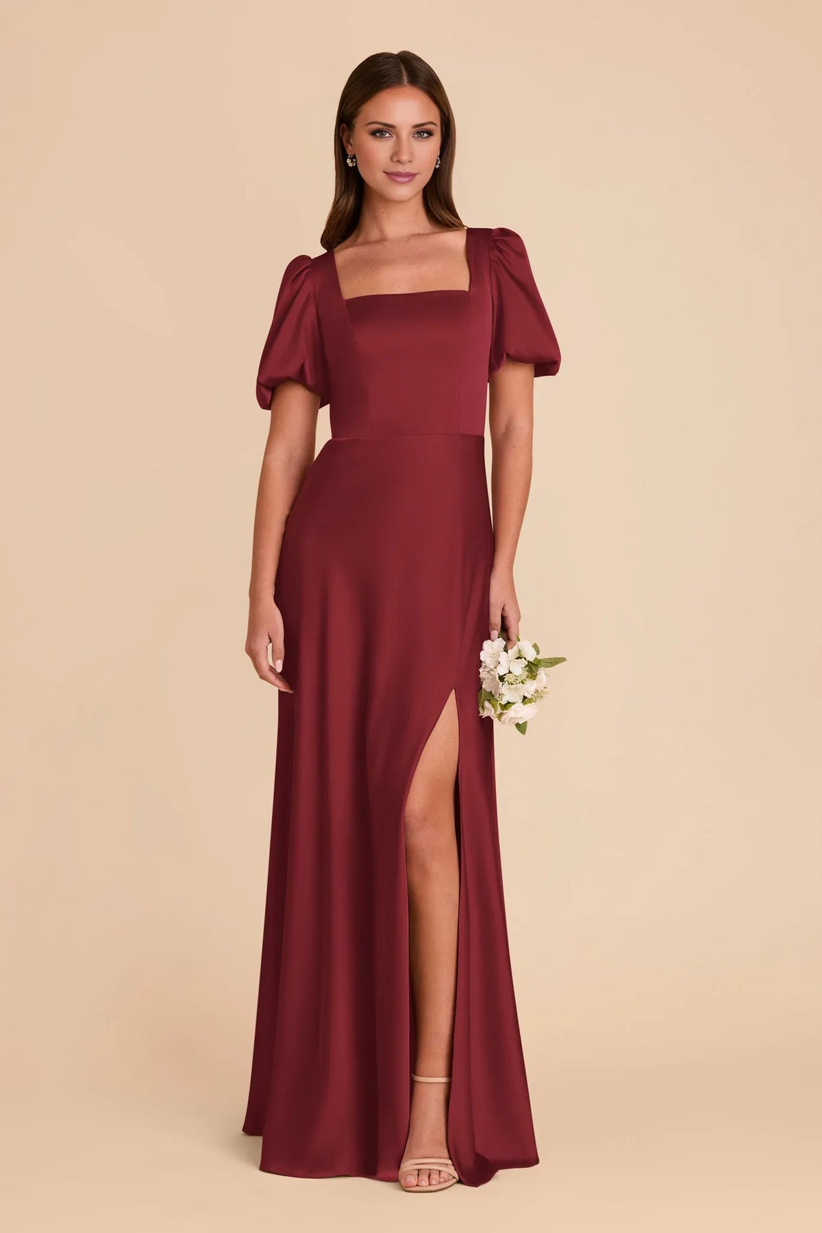 Square Neck Satin Puff Sleeve Zipper Back Floor-Length Wedding Dress - Chloe Dress