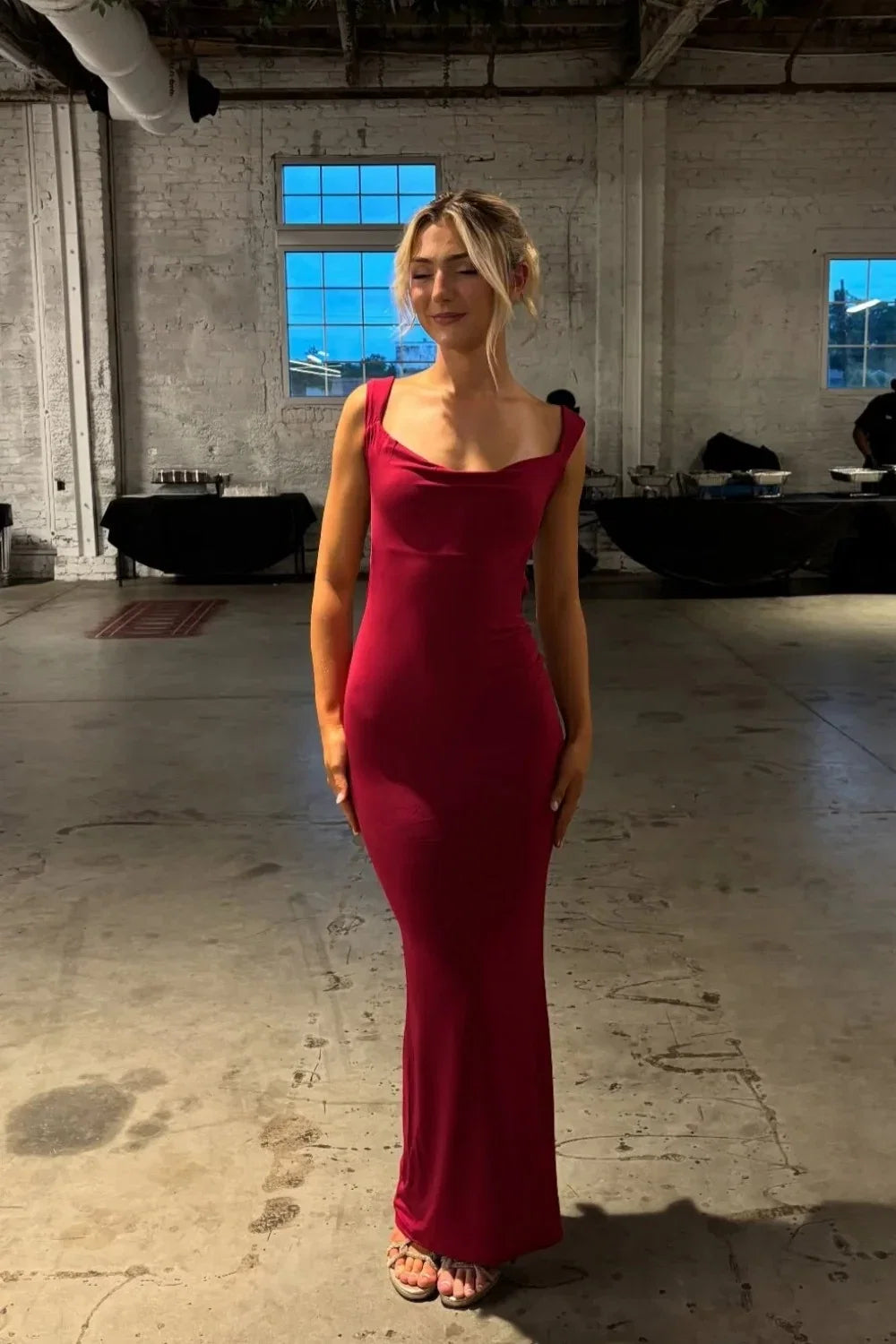 Burgundy Cowl Neck Low Open Back Bow Mermaid Evening Dresses