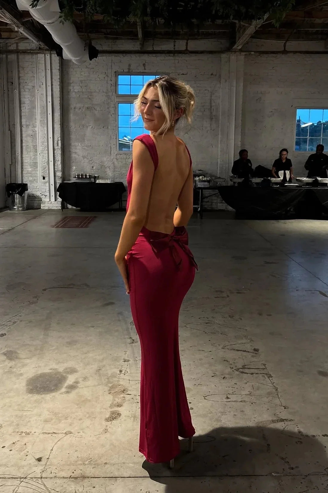 Burgundy Cowl Neck Low Open Back Bow Mermaid Evening Dresses