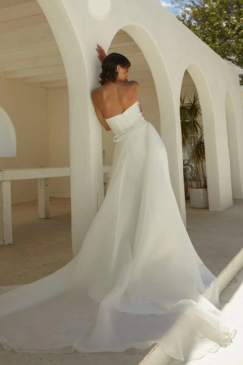 White Strapless Draped Mermaid Wedding Dress With Overskirt