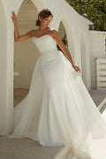 White Strapless Draped Mermaid Wedding Dress With Overskirt